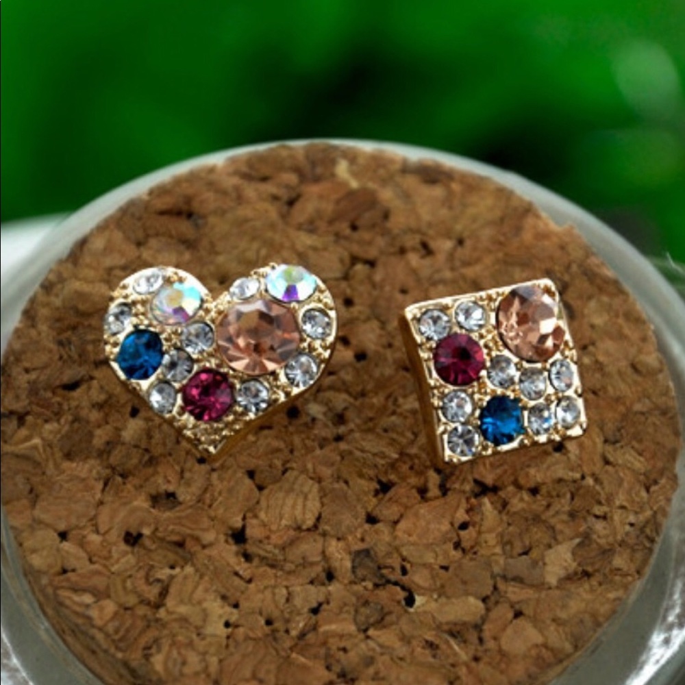 Multi Color Rhinestone Heart Square Earrings. - Picture 2 of 4